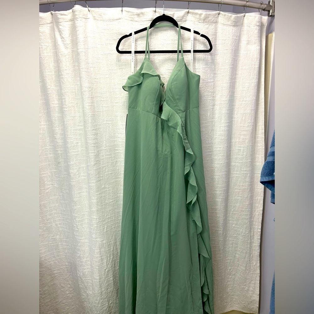 Azazie Matcha Green Halter Ruffled Maxi Gown